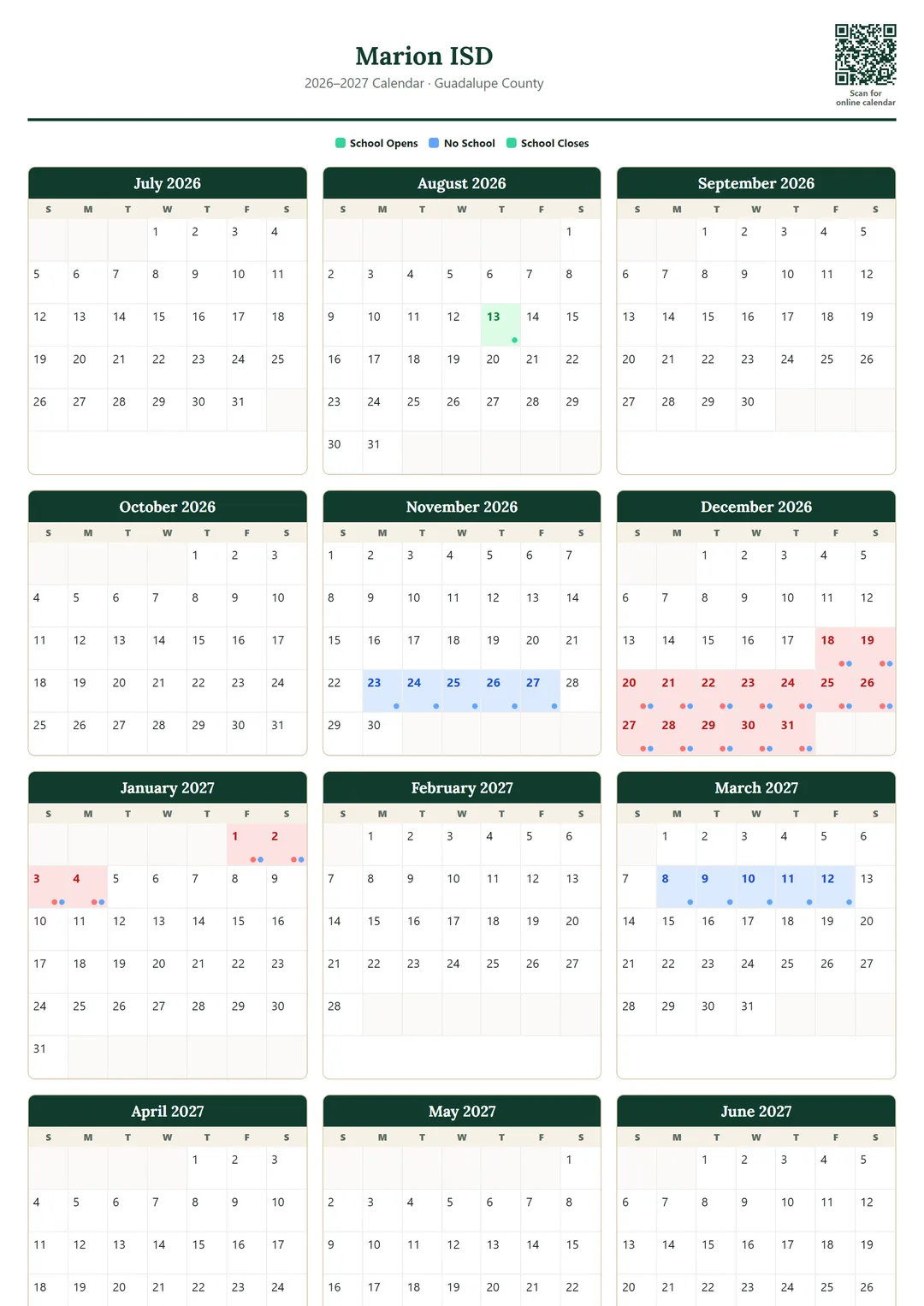 Marion ISD printable 2026–2027 calendar