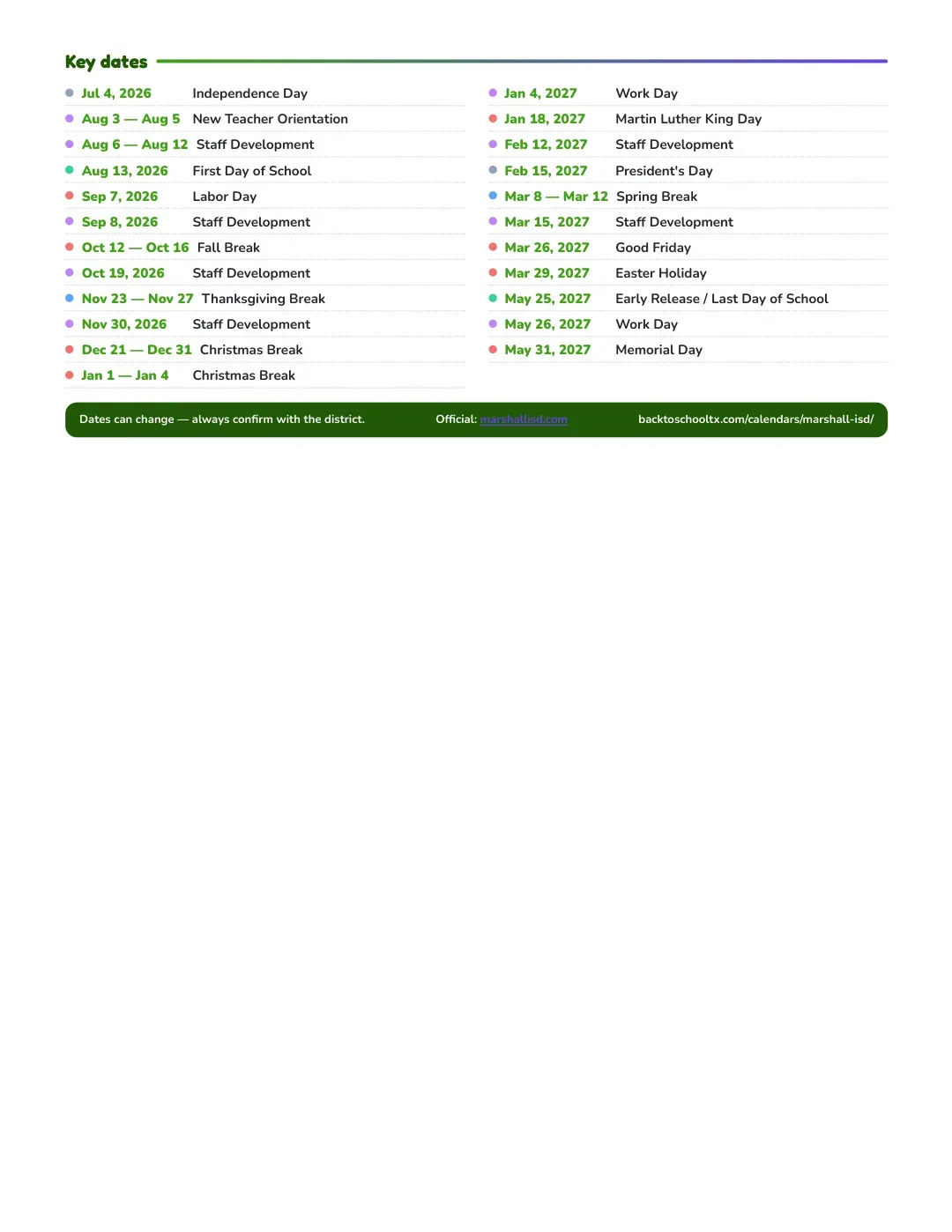 Marshall ISD Calendar for the Year 26-27 — key dates