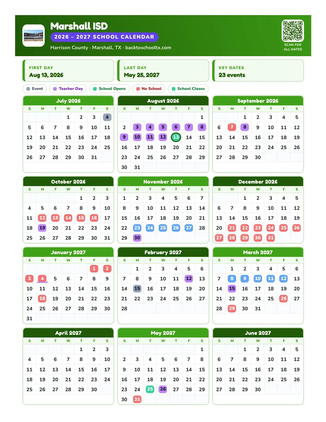 Marshall ISD Calendar for the Year 26-27