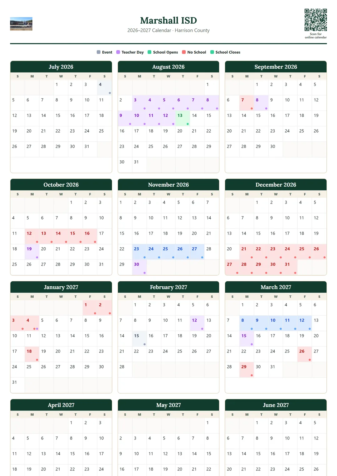 Marshall ISD printable 2026–2027 calendar