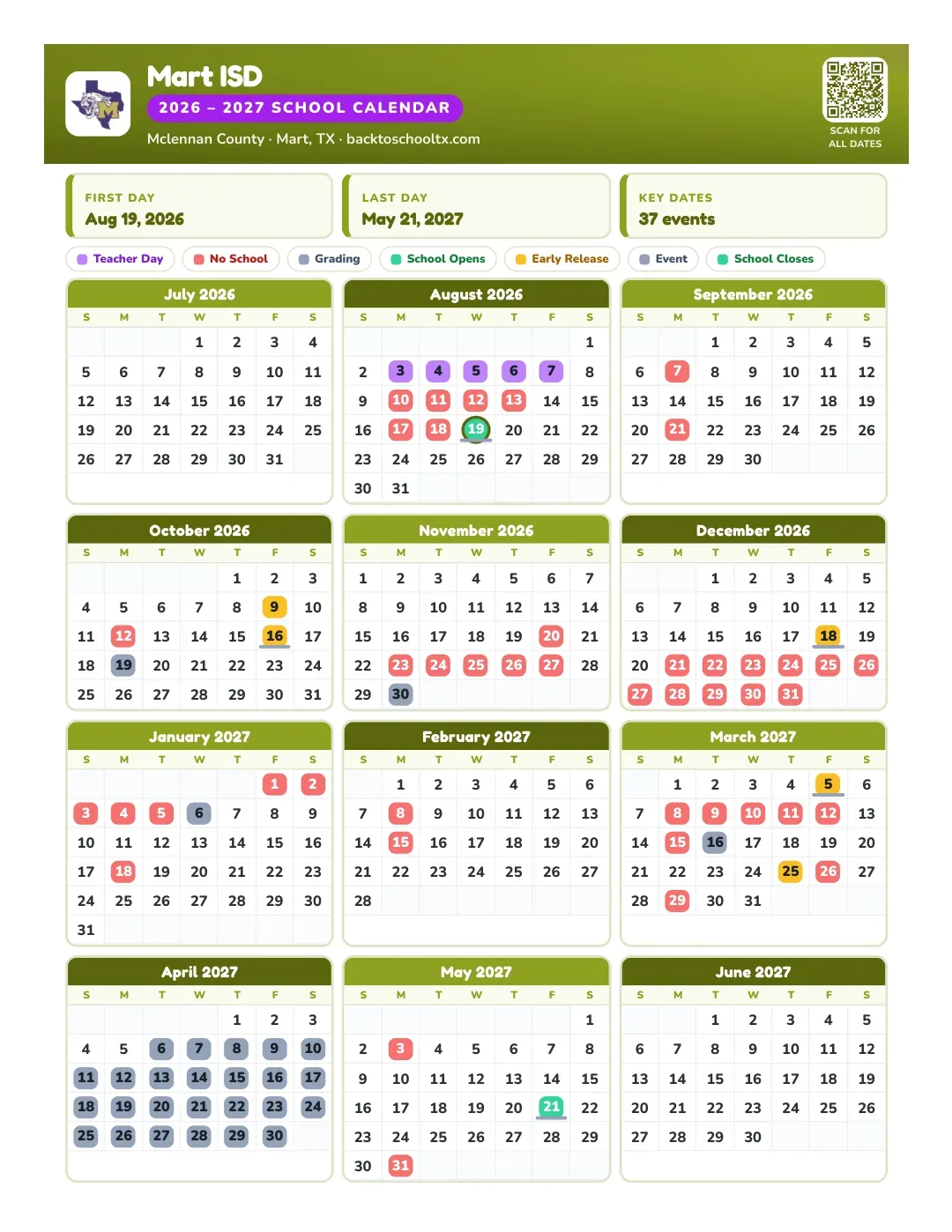 Mart ISD Calendar for the Year 26-27