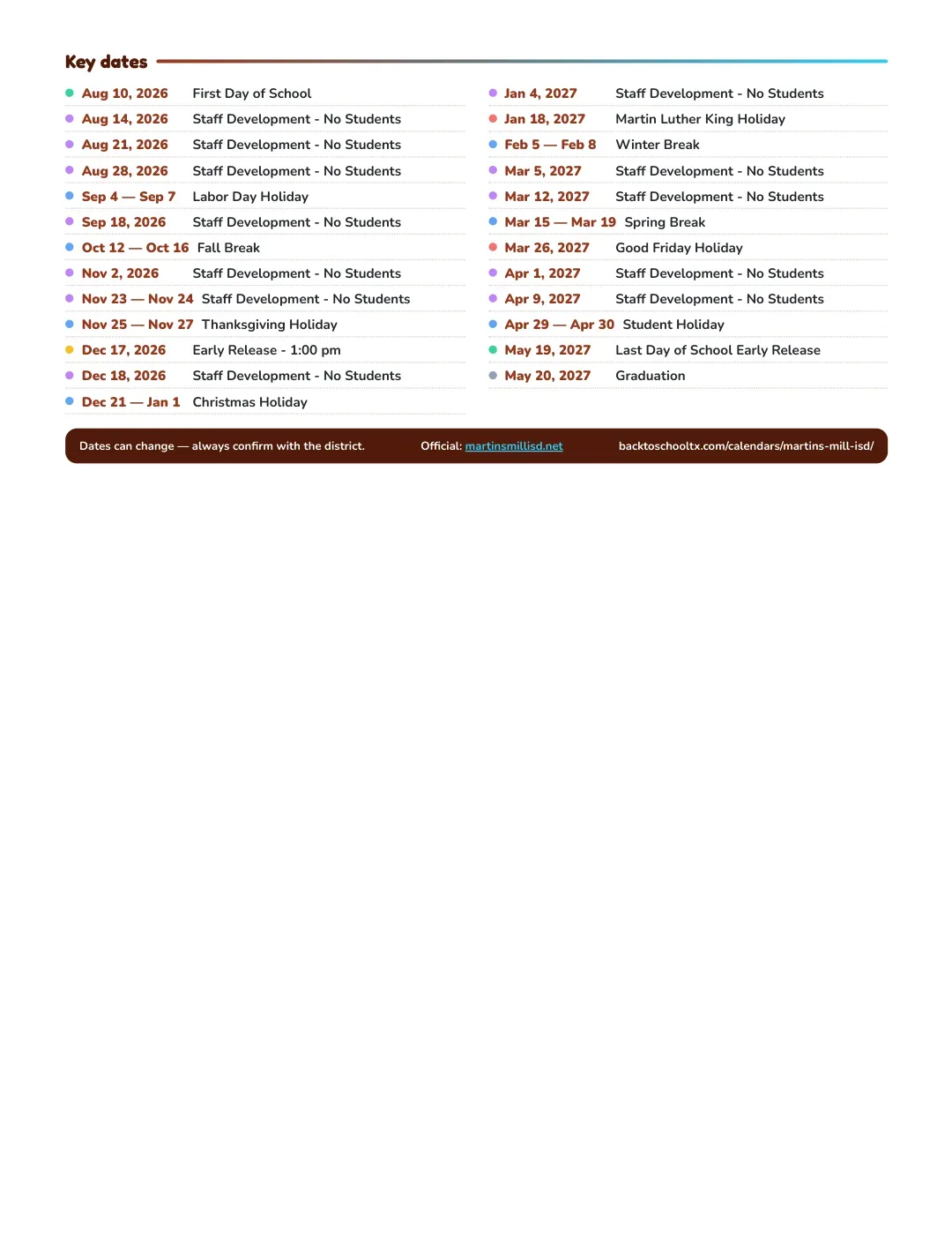 Martins Mill ISD Calendar for the Year 26-27 — key dates