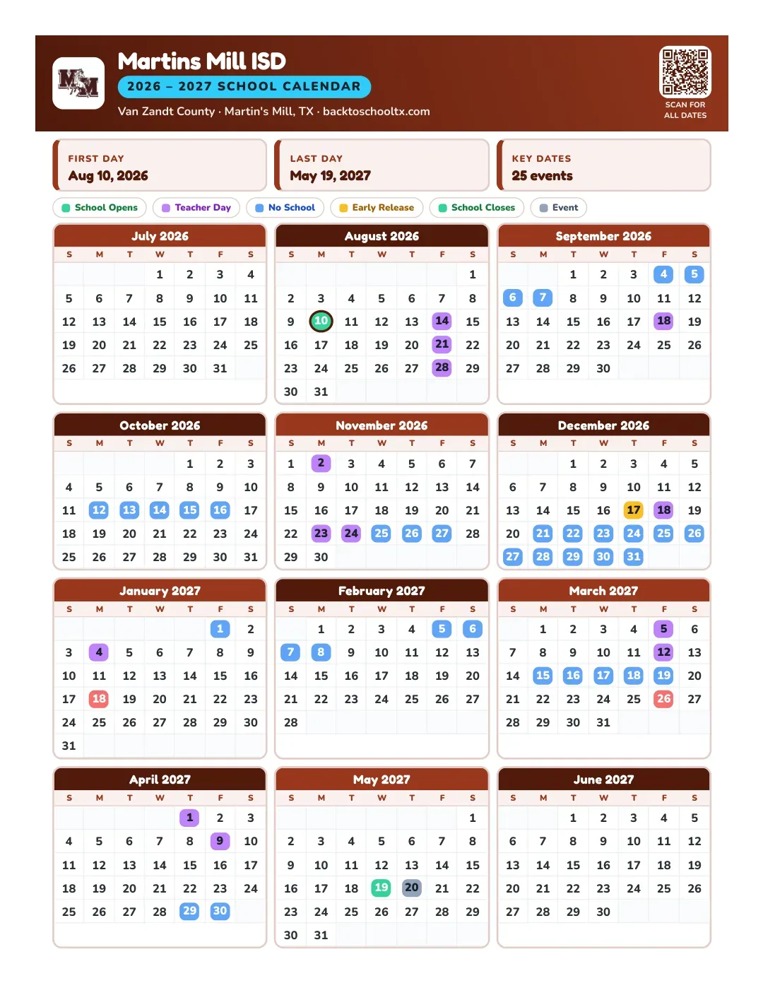 Martins Mill ISD Calendar for the Year 26-27