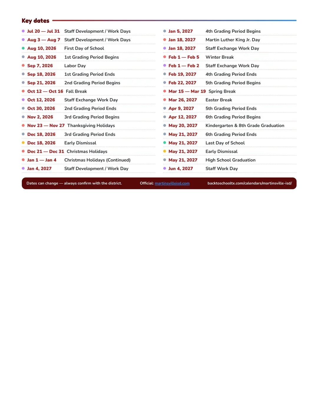 Martinsville ISD Calendar for the Year 26-27 — key dates