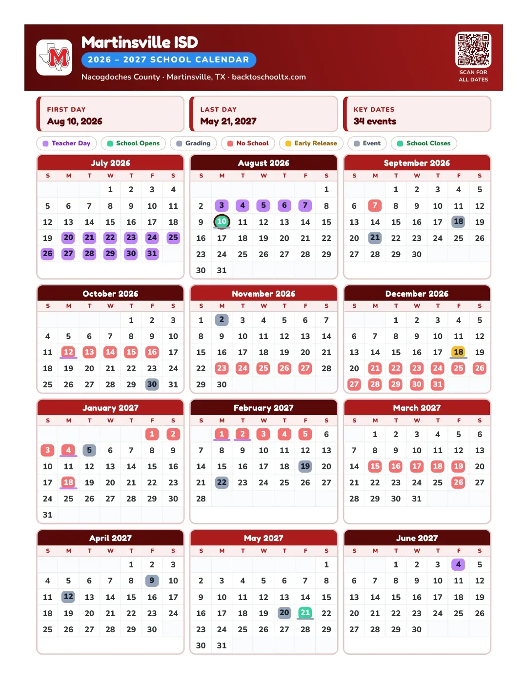 Martinsville ISD Calendar for the Year 26-27
