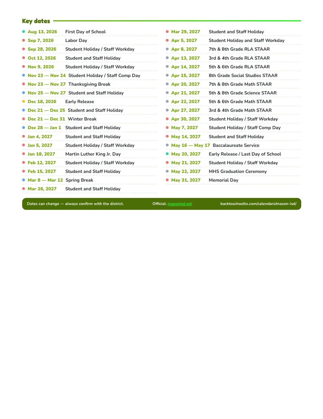 Mason ISD Calendar for the Year 26-27 — key dates