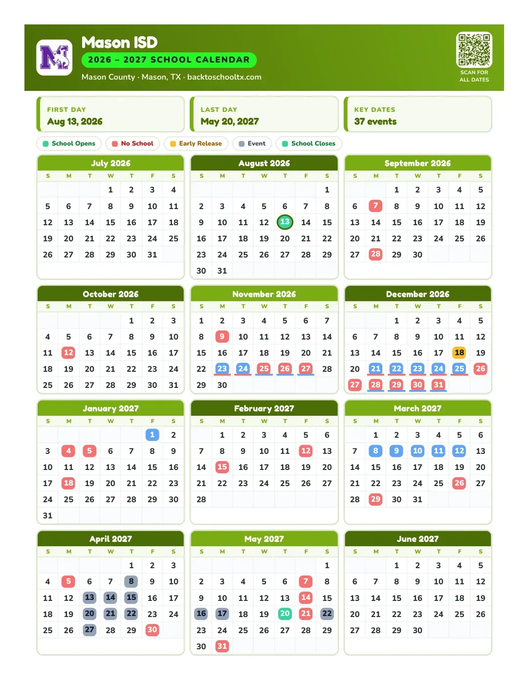 Mason ISD Calendar for the Year 26-27