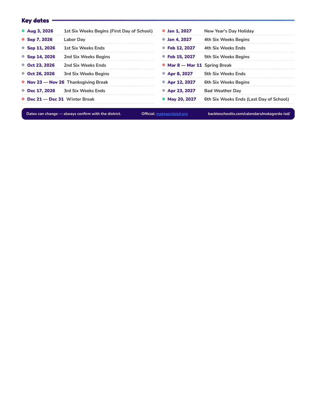 Matagorda ISD Calendar for the Year 26-27 — key dates