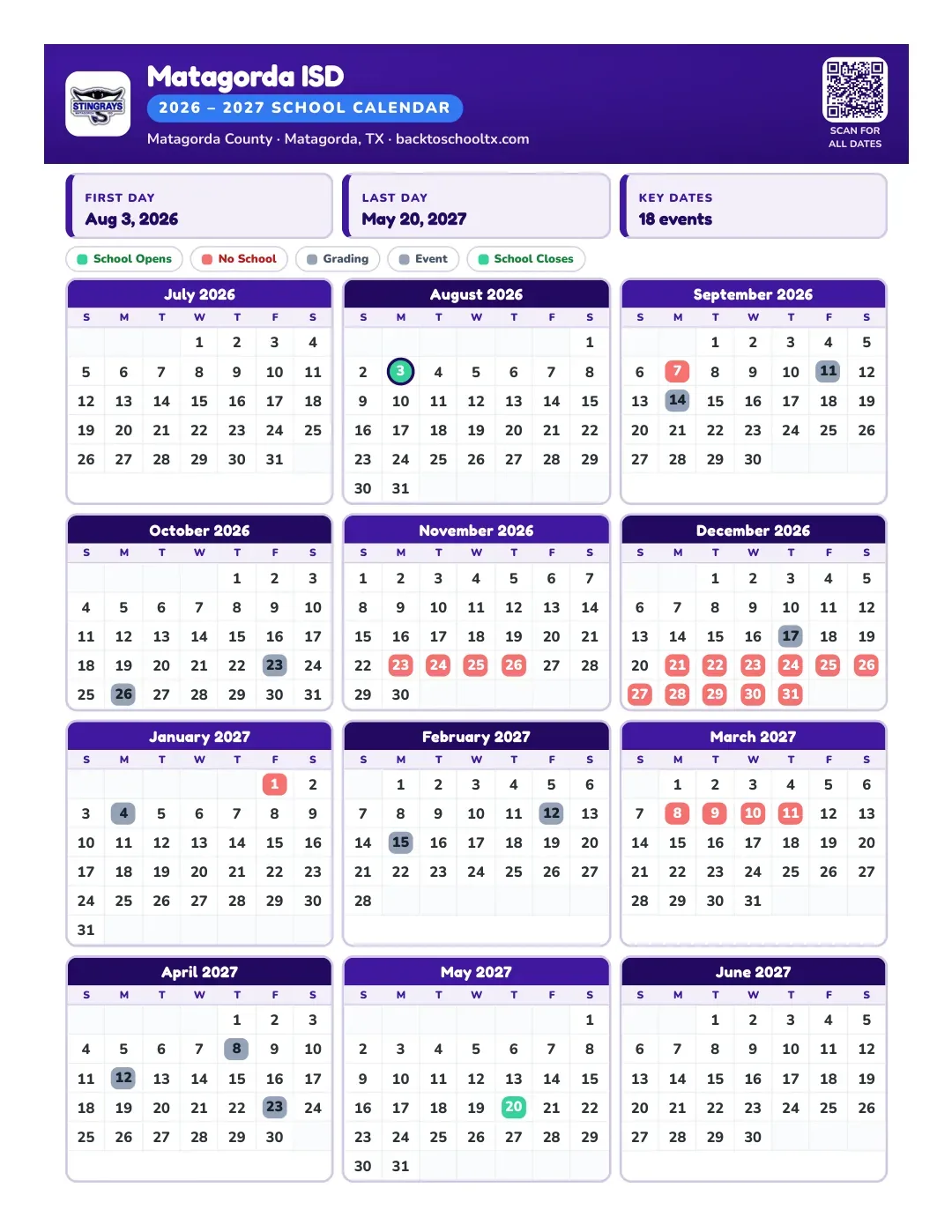 Matagorda ISD Calendar for the Year 26-27