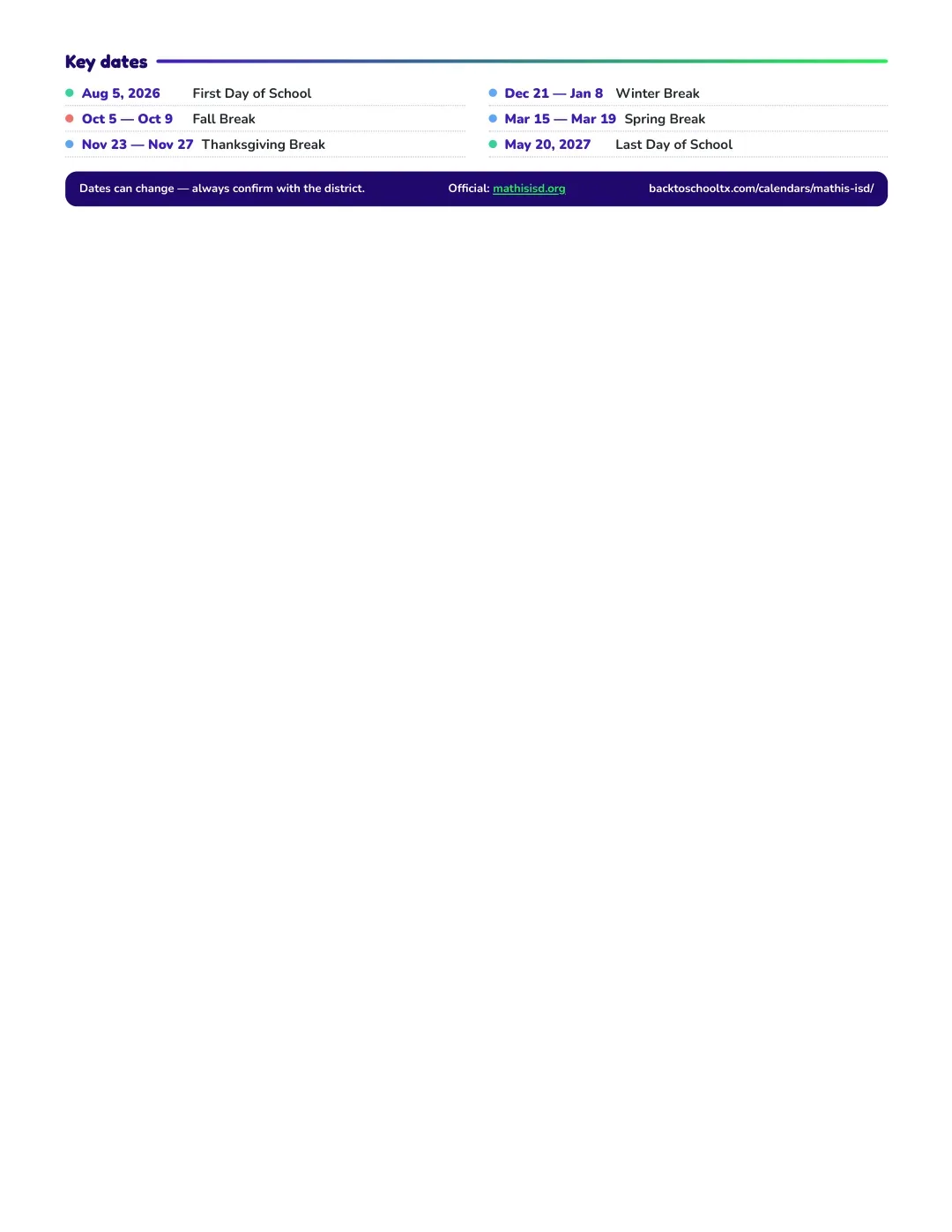 Mathis ISD Calendar for the Year 26-27 — key dates