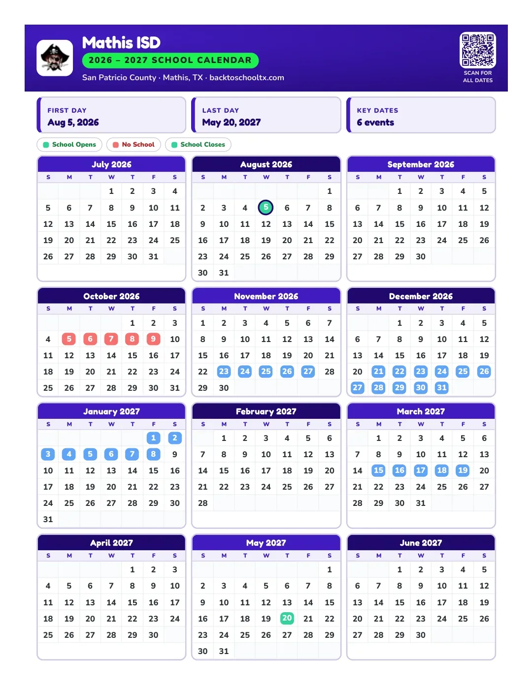 Mathis ISD Calendar for the Year 26-27