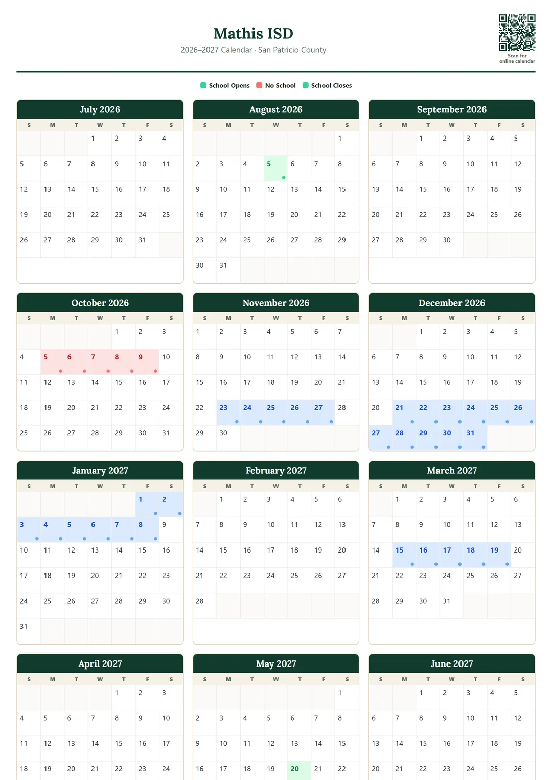 Mathis ISD printable 2026–2027 calendar