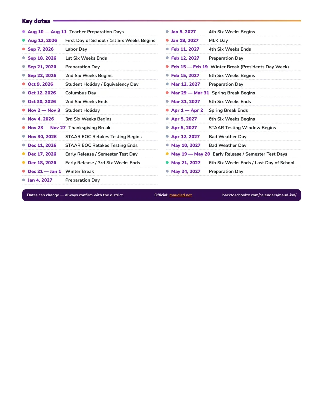Maud ISD Calendar for the Year 26-27 — key dates