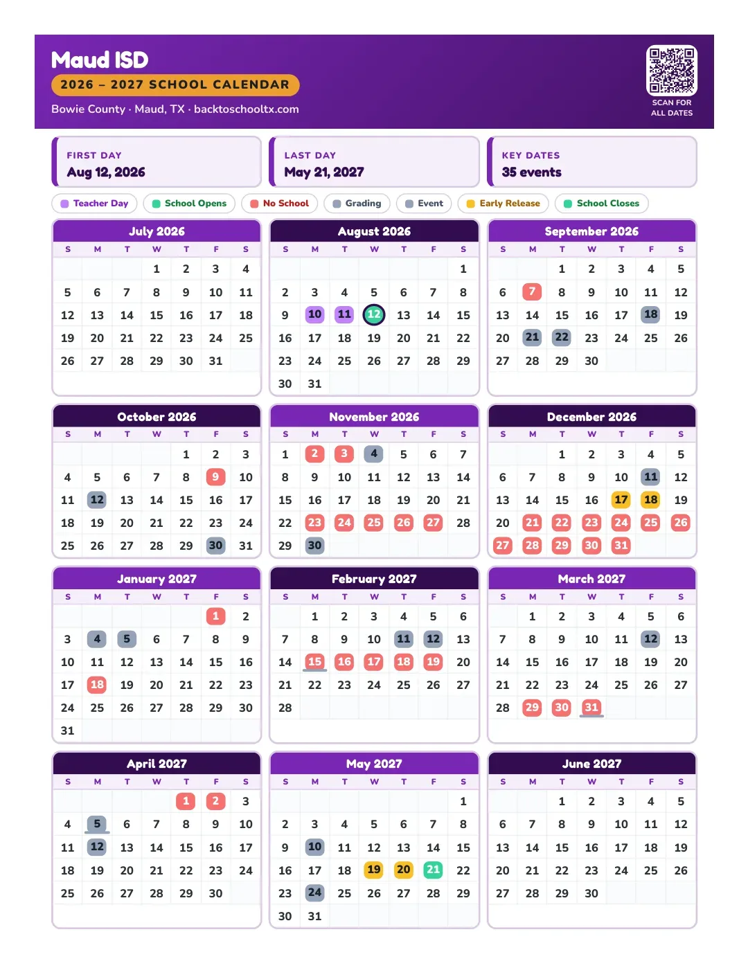 Maud ISD Calendar for the Year 26-27