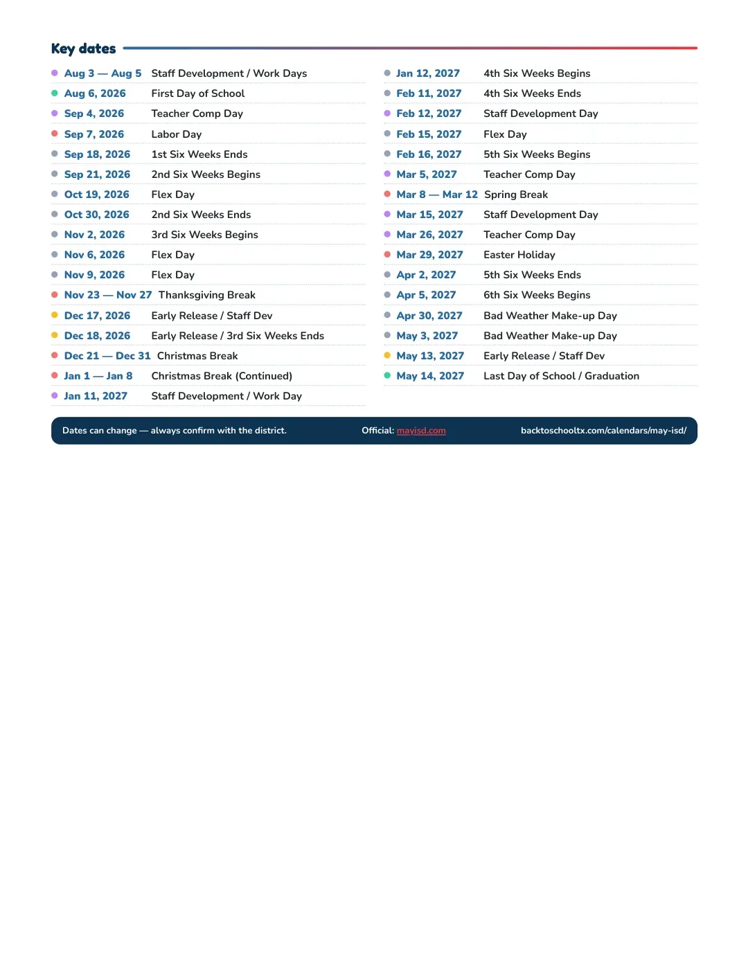 May ISD Calendar for the Year 26-27 — key dates