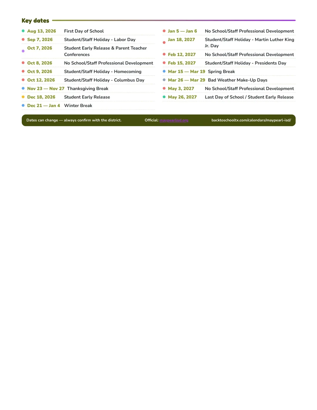 Maypearl ISD Calendar for the Year 26-27 — key dates