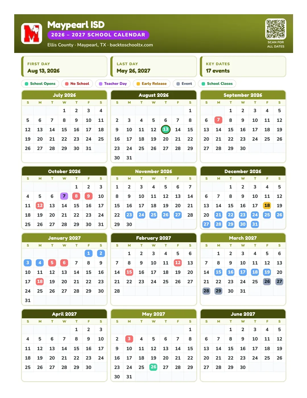 Maypearl ISD Calendar for the Year 26-27