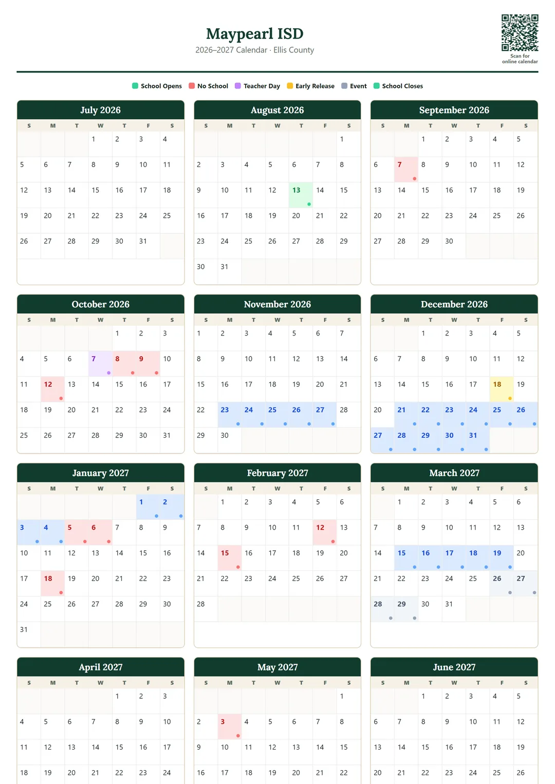 Maypearl ISD printable 2026–2027 calendar