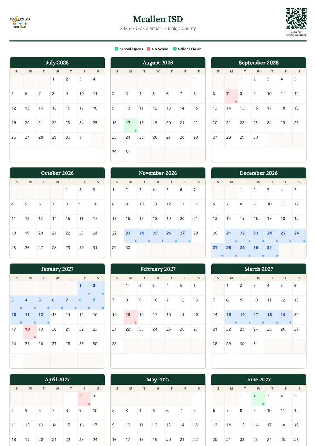 Mcallen ISD printable 2026–2027 calendar
