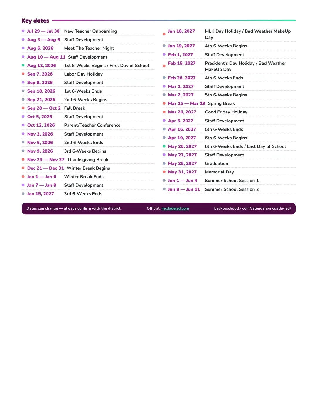 Mcdade ISD Calendar for the Year 26-27 — key dates