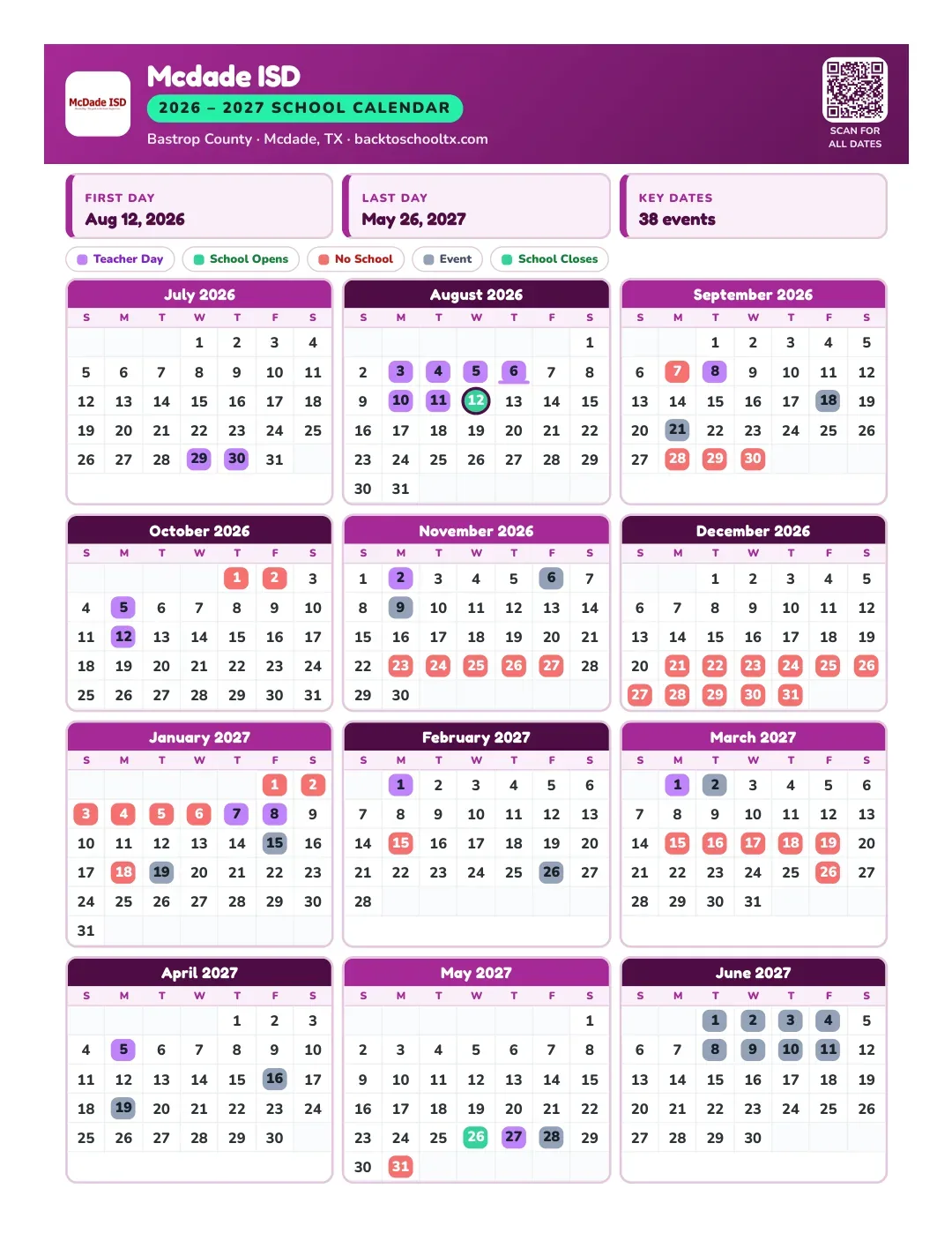 Mcdade ISD Calendar for the Year 26-27