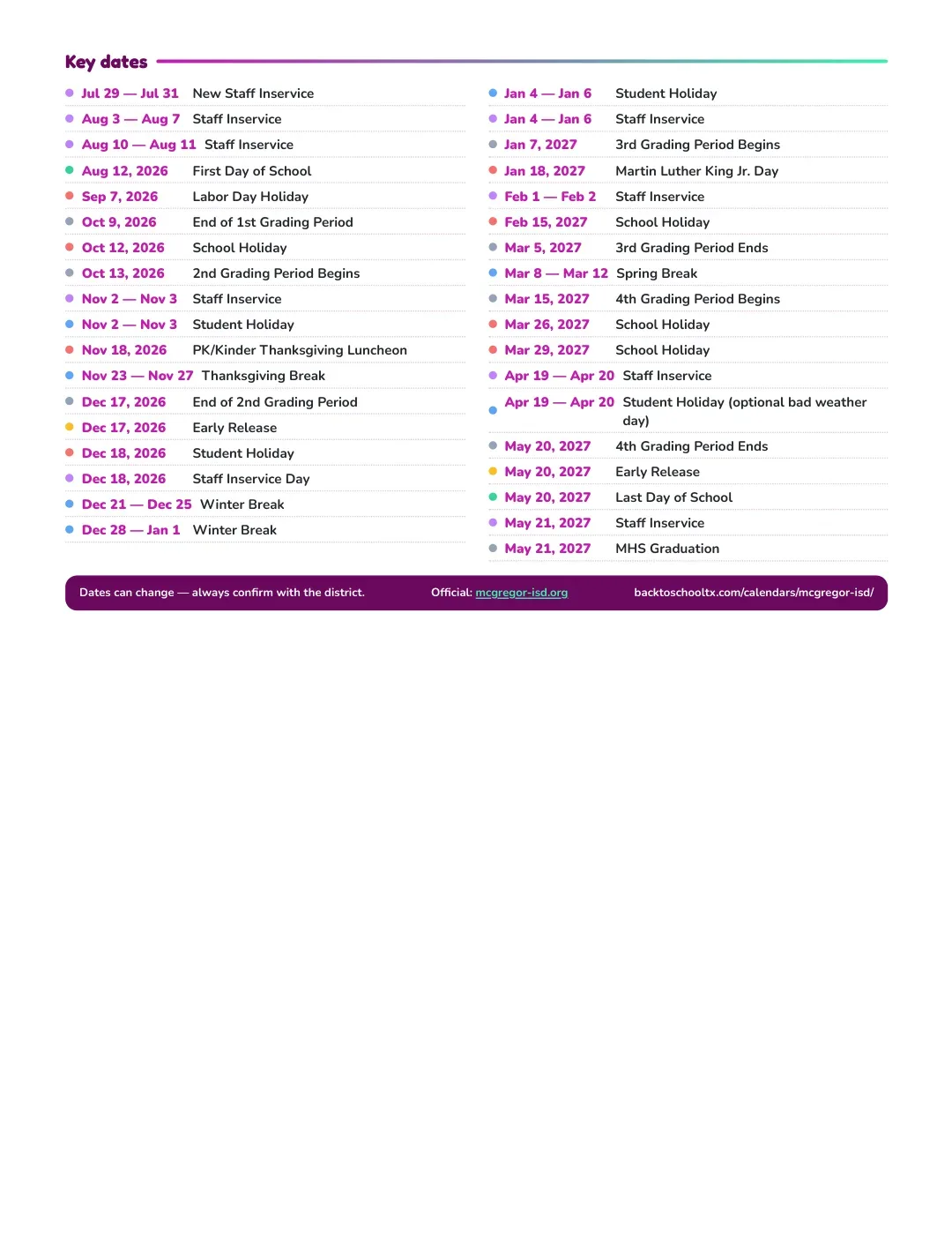 Mcgregor ISD Calendar for the Year 26-27 — key dates