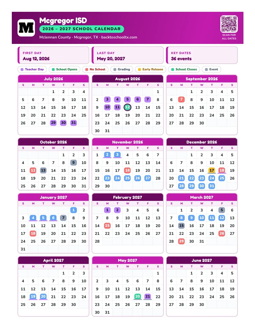 Mcgregor ISD Calendar for the Year 26-27