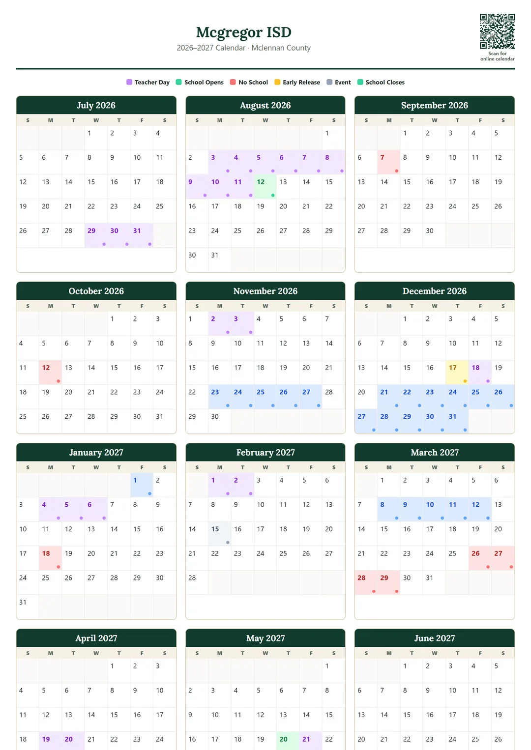 Mcgregor ISD printable 2026–2027 calendar
