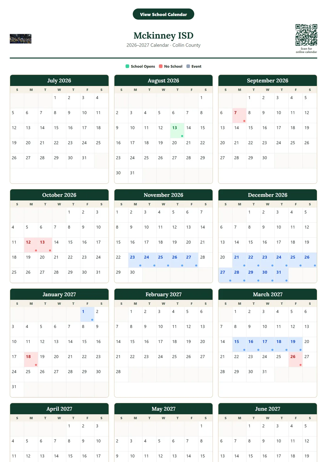 Mckinney ISD printable 2026–2027 calendar