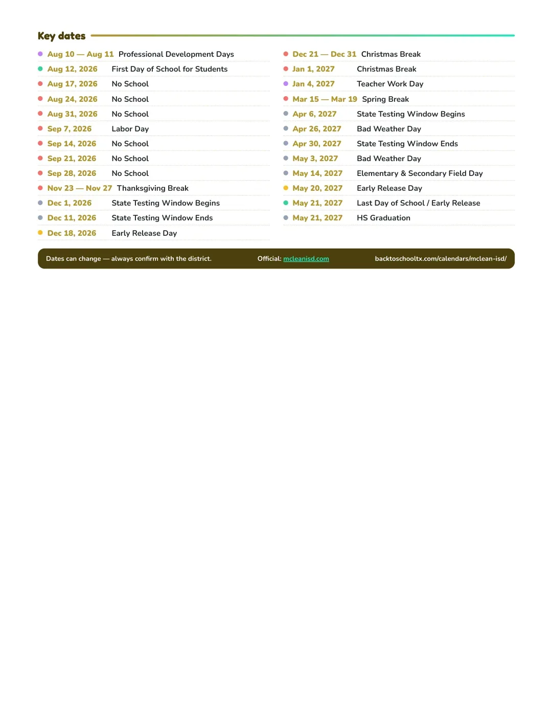Mclean ISD Calendar for the Year 26-27 — key dates