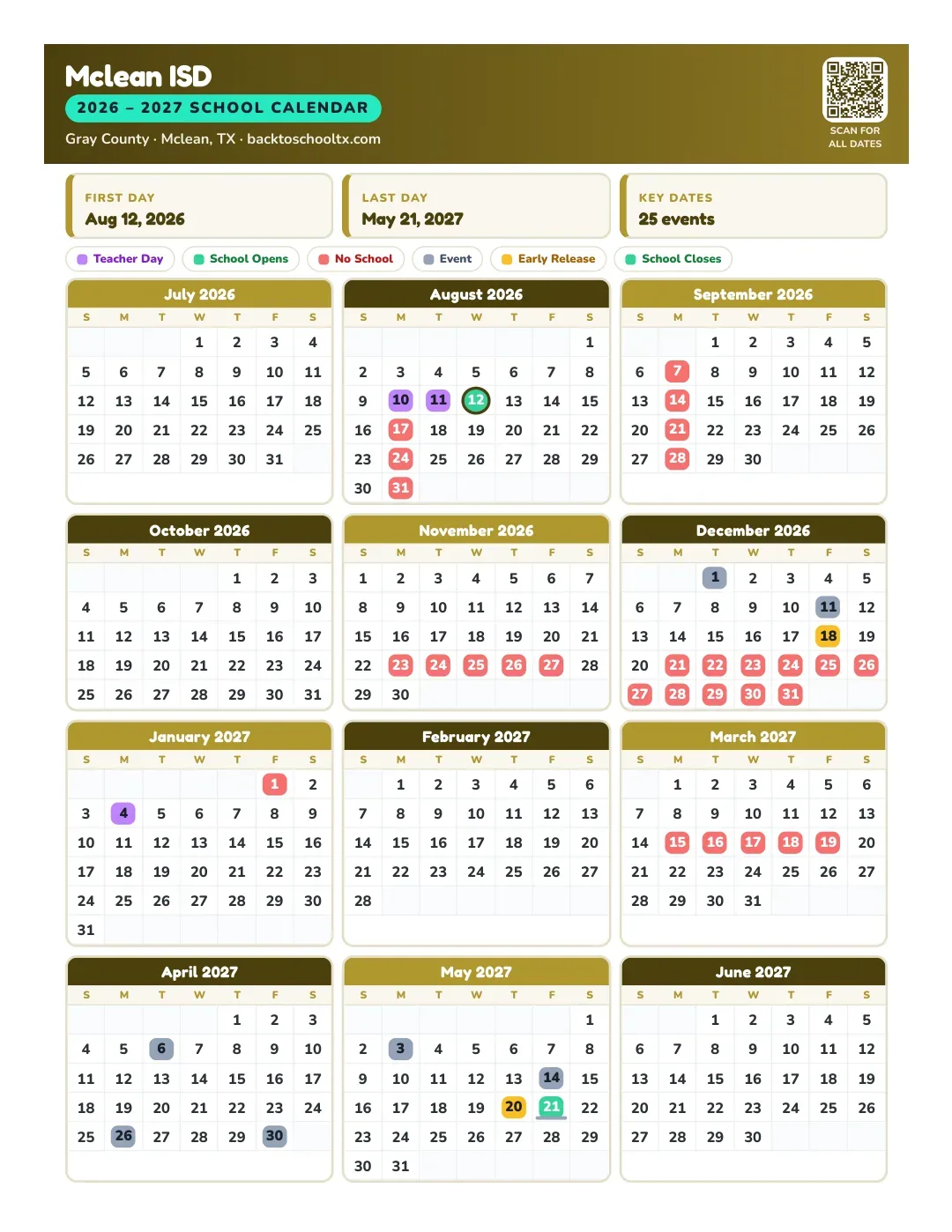 Mclean ISD Calendar for the Year 26-27