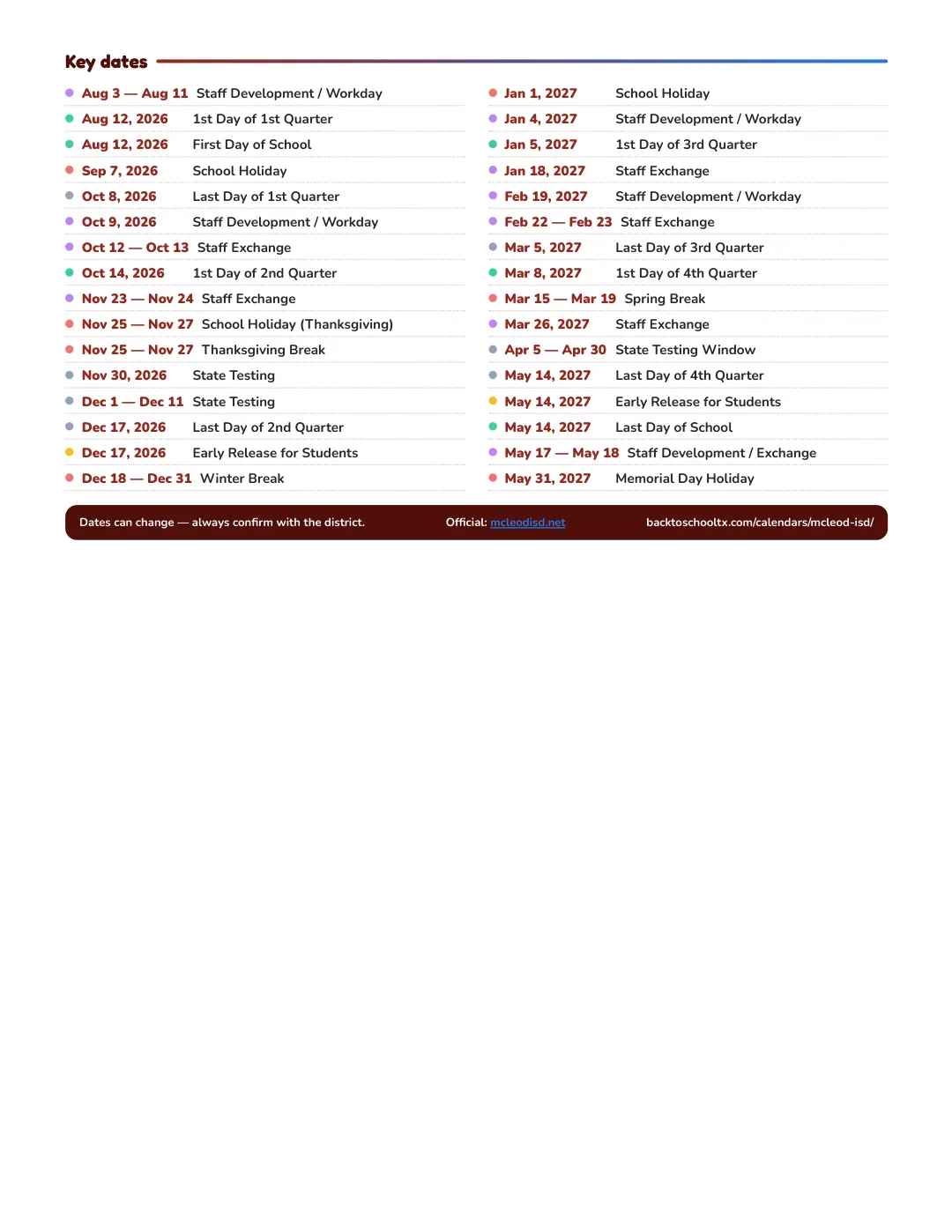 Mcleod ISD Calendar for the Year 26-27 — key dates