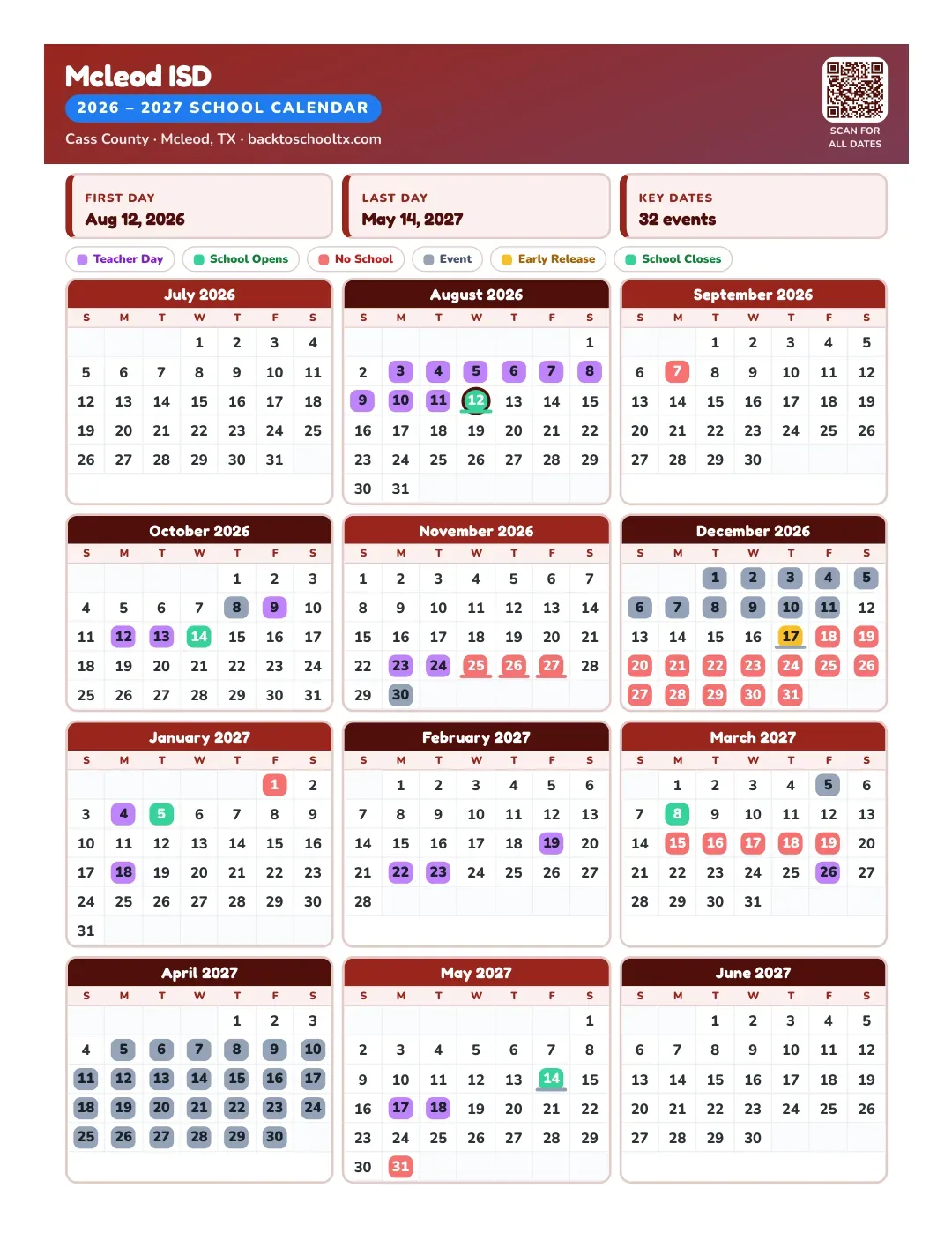 Mcleod ISD Calendar for the Year 26-27
