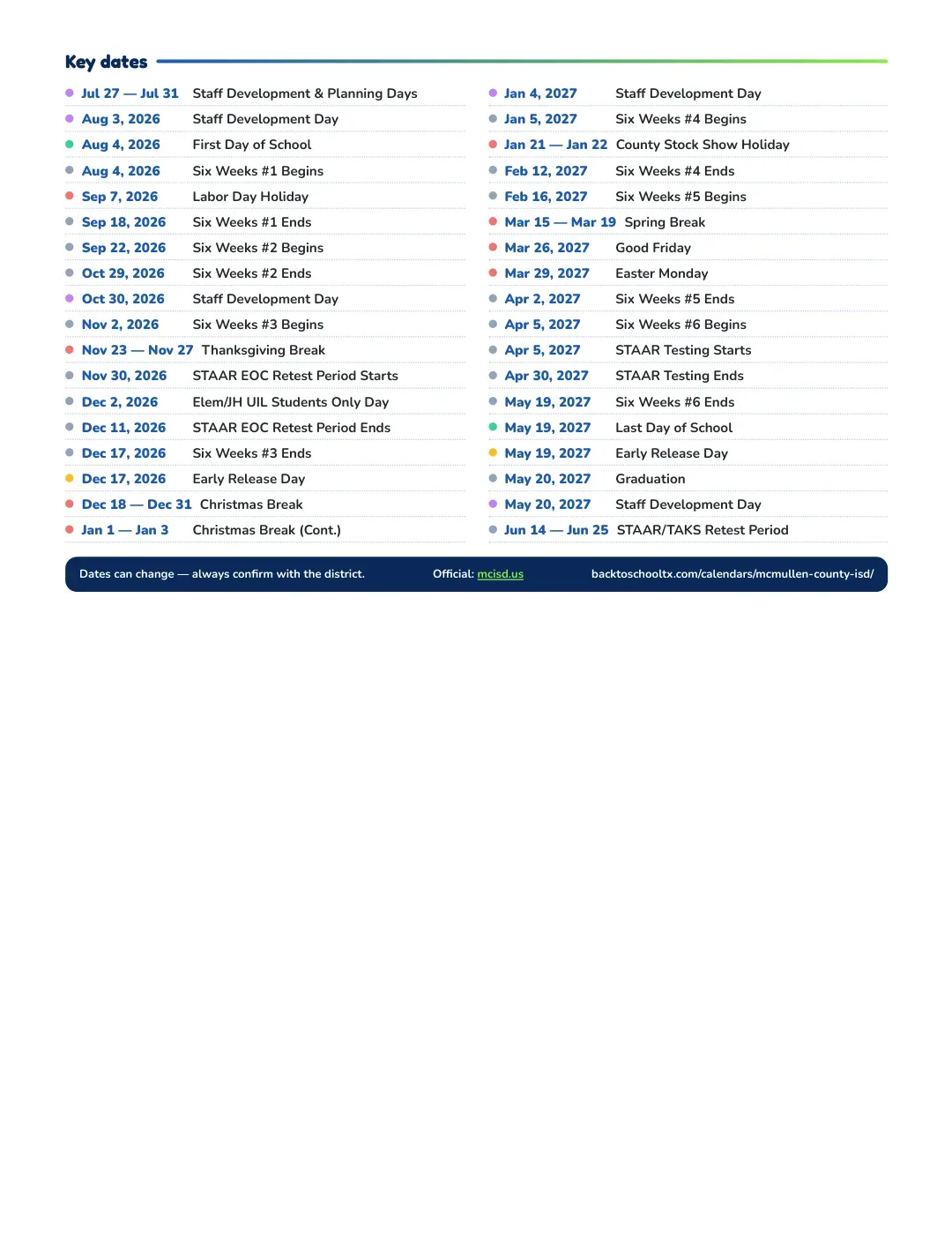 Mcmullen County ISD Calendar for the Year 26-27 — key dates