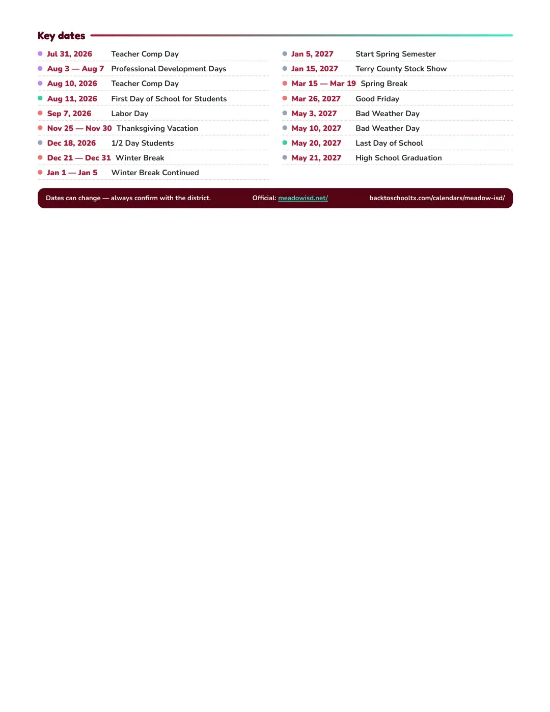 Meadow ISD Calendar for the Year 26-27 — key dates