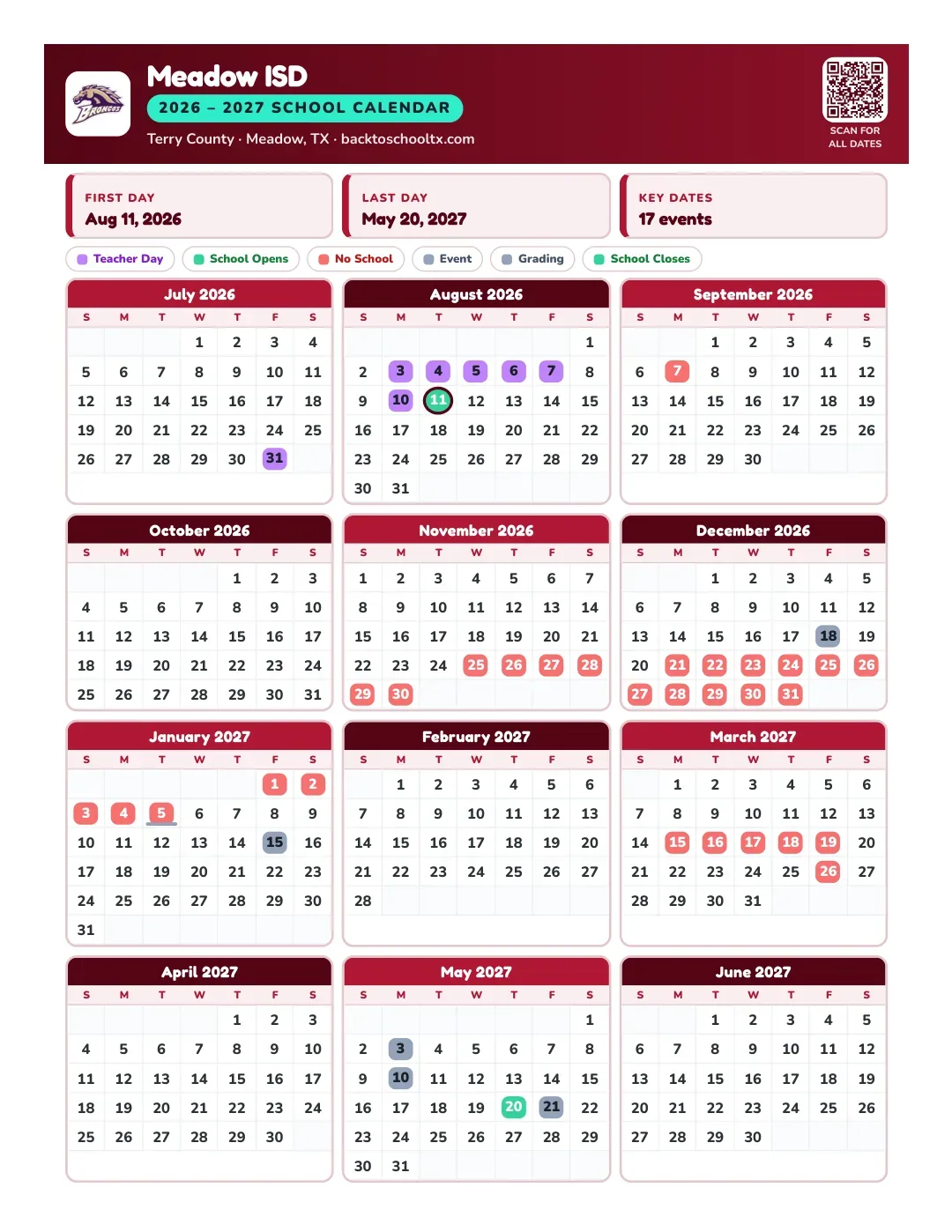 Meadow ISD Calendar for the Year 26-27