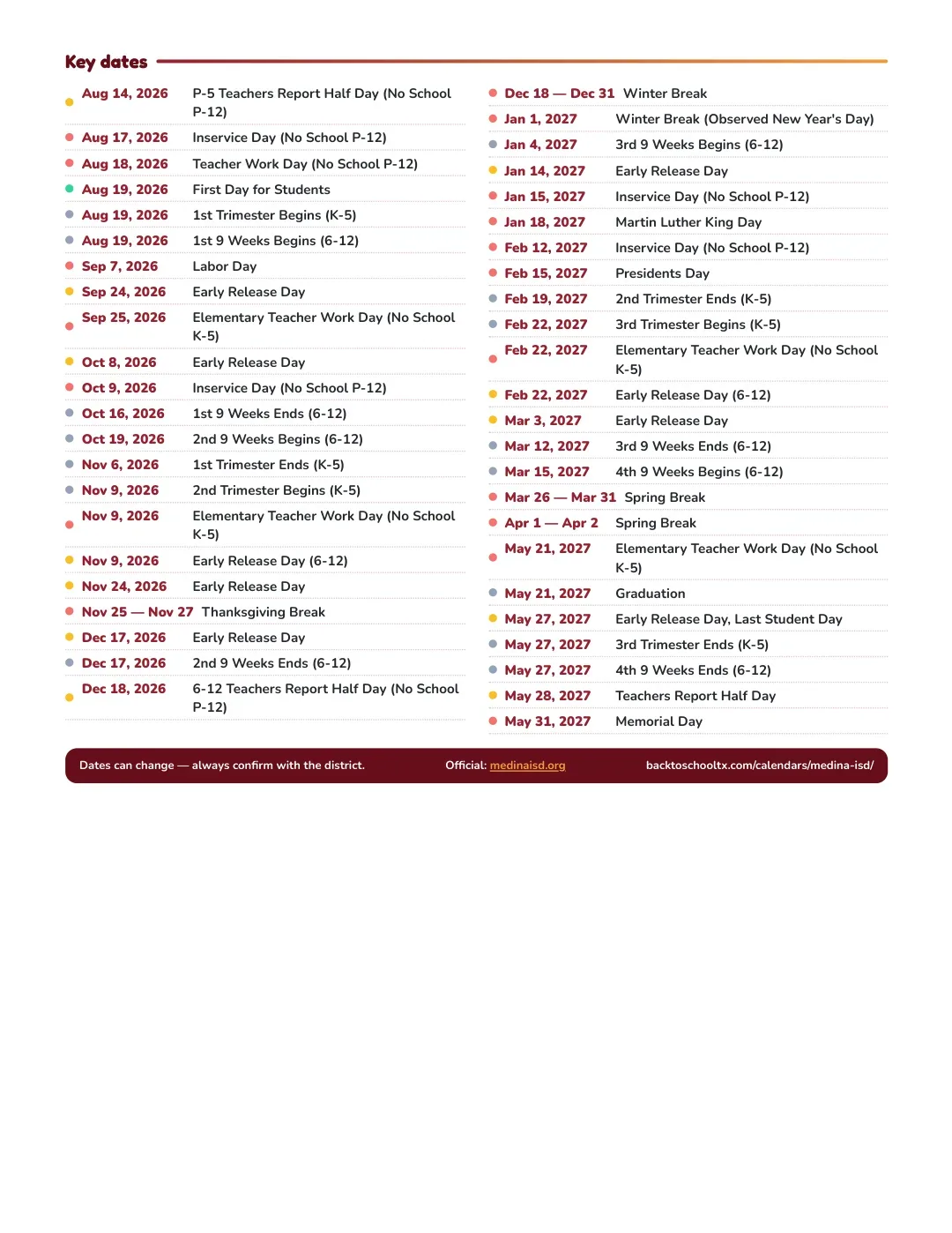 Medina ISD Calendar for the Year 26-27 — key dates
