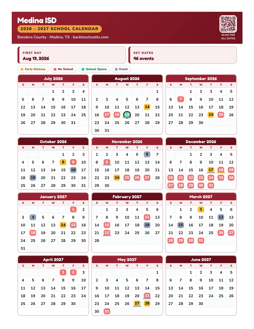 Medina ISD Calendar for the Year 26-27