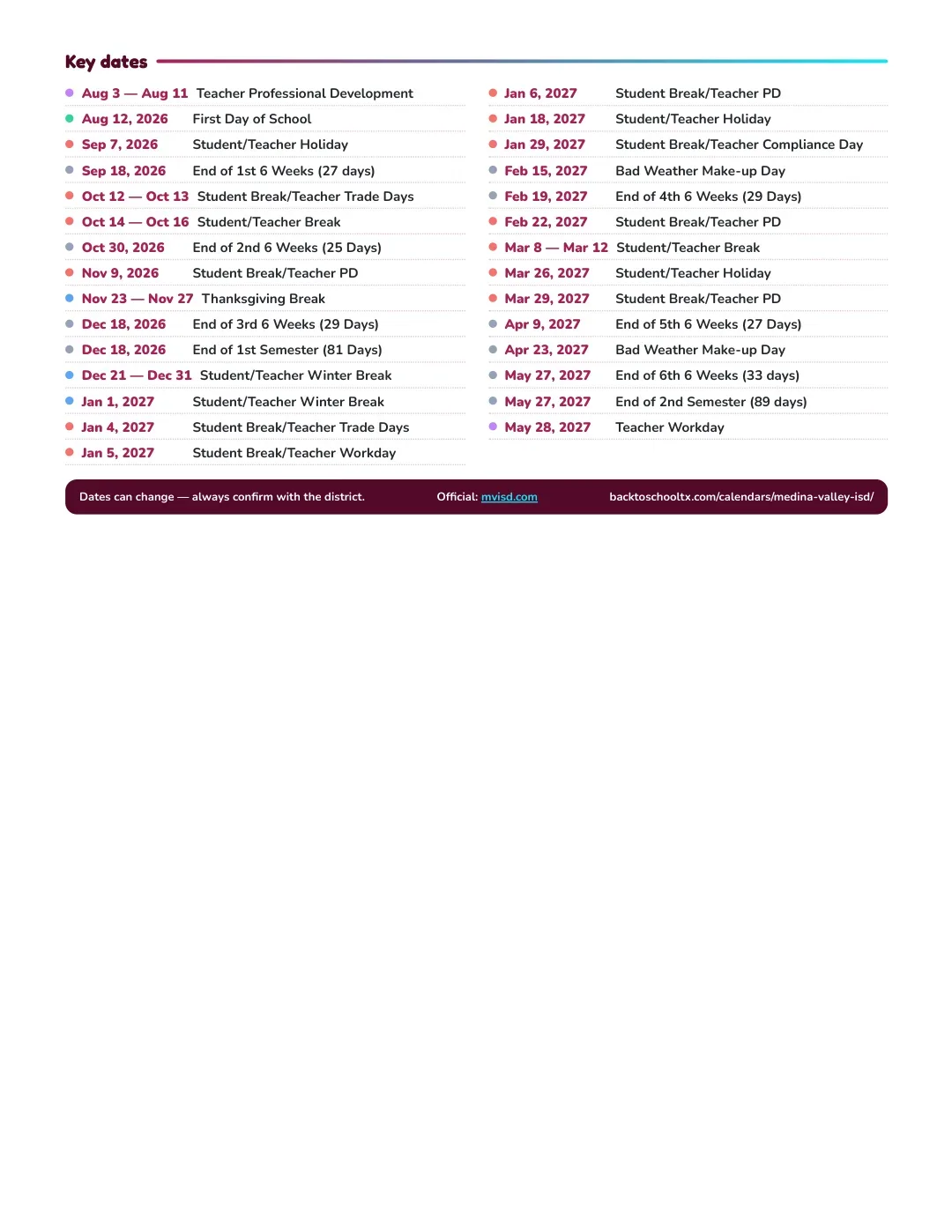 Medina Valley ISD Calendar for the Year 26-27 — key dates