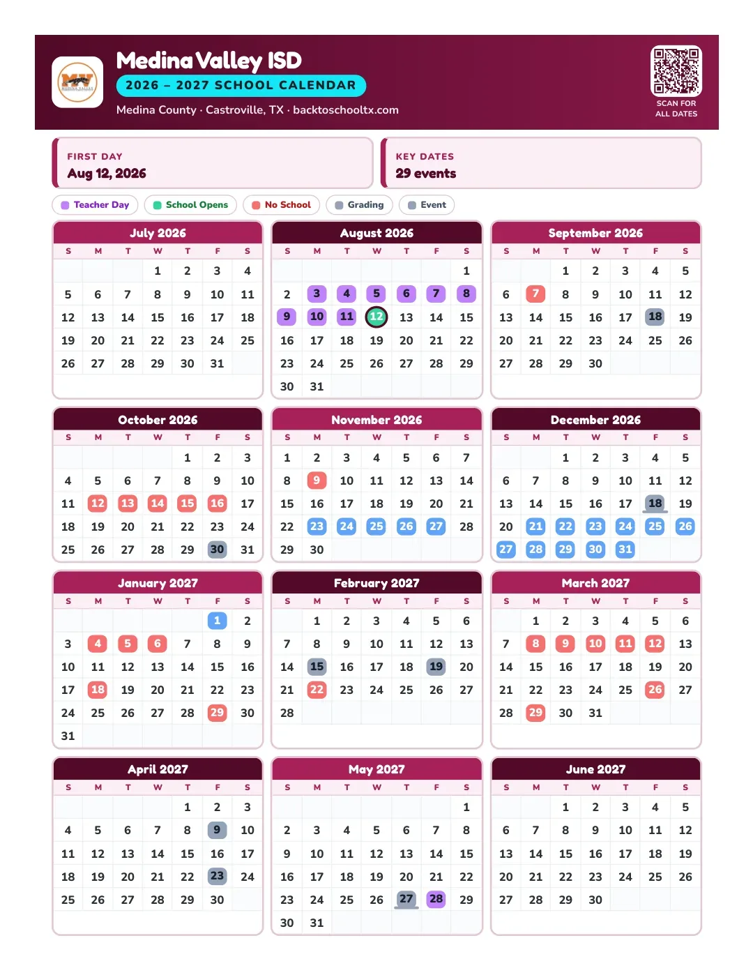 Medina Valley ISD Calendar for the Year 26-27