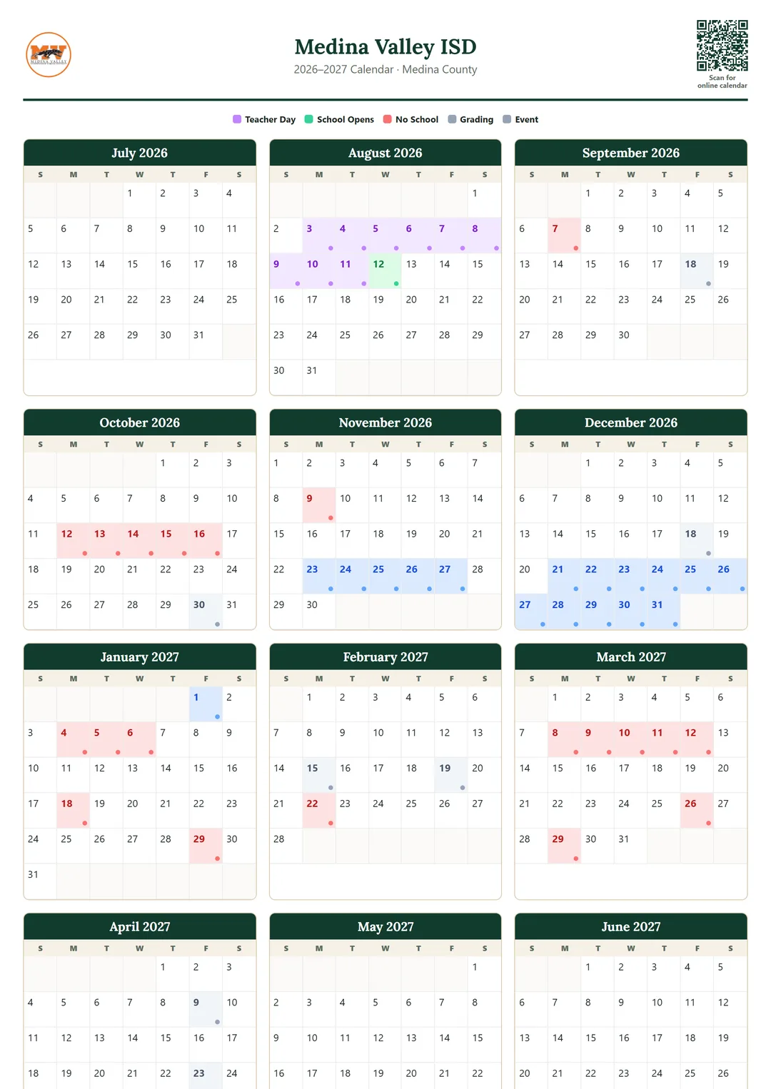 Medina Valley ISD printable 2026–2027 calendar