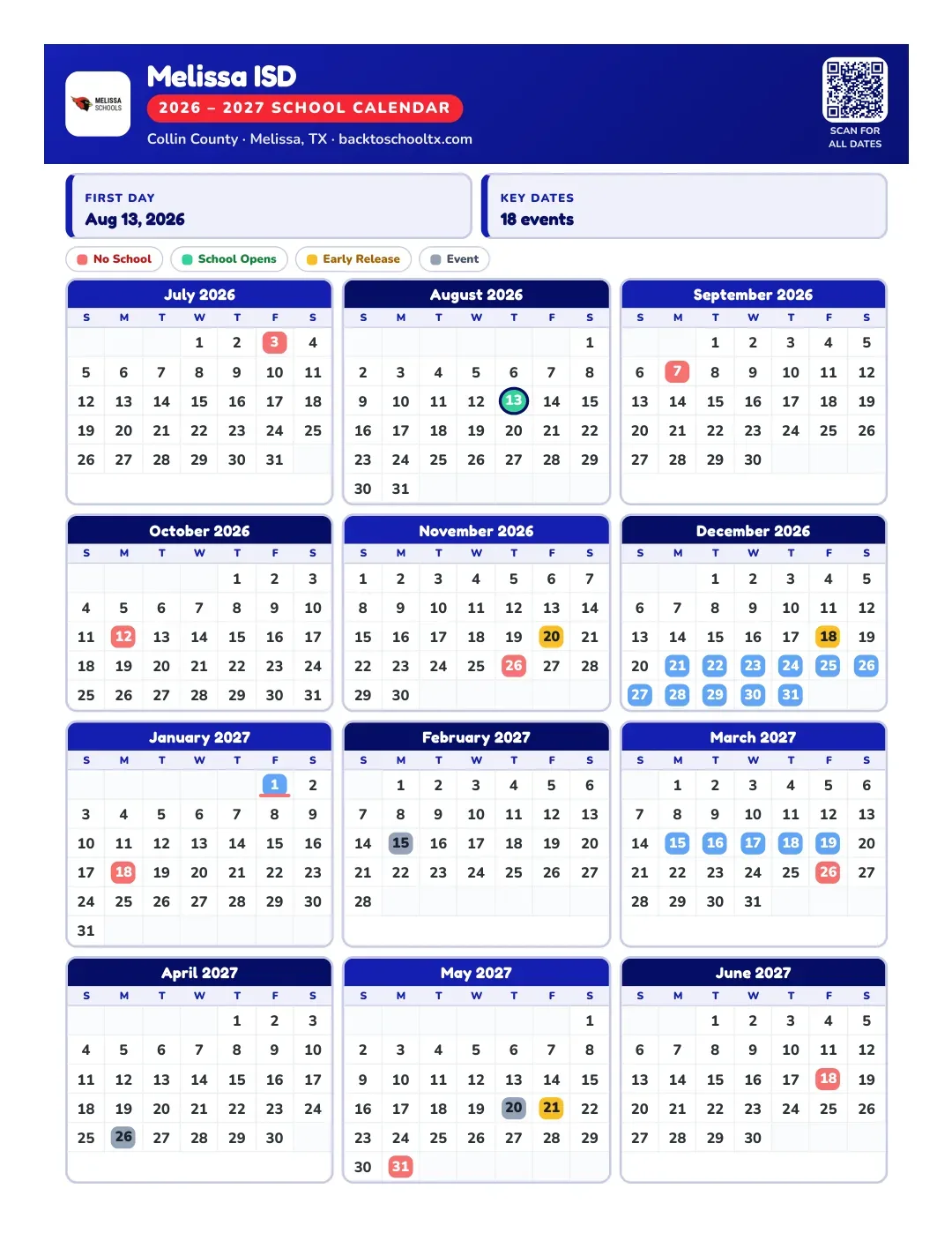 Melissa ISD Calendar for the Year 26-27