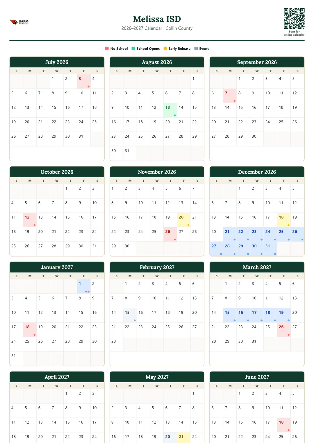 Melissa ISD printable 2026–2027 calendar