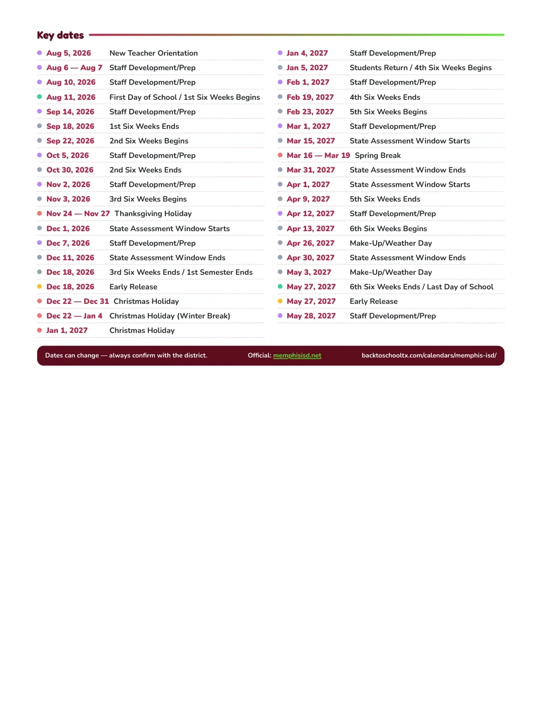 Memphis ISD Calendar for the Year 26-27 — key dates