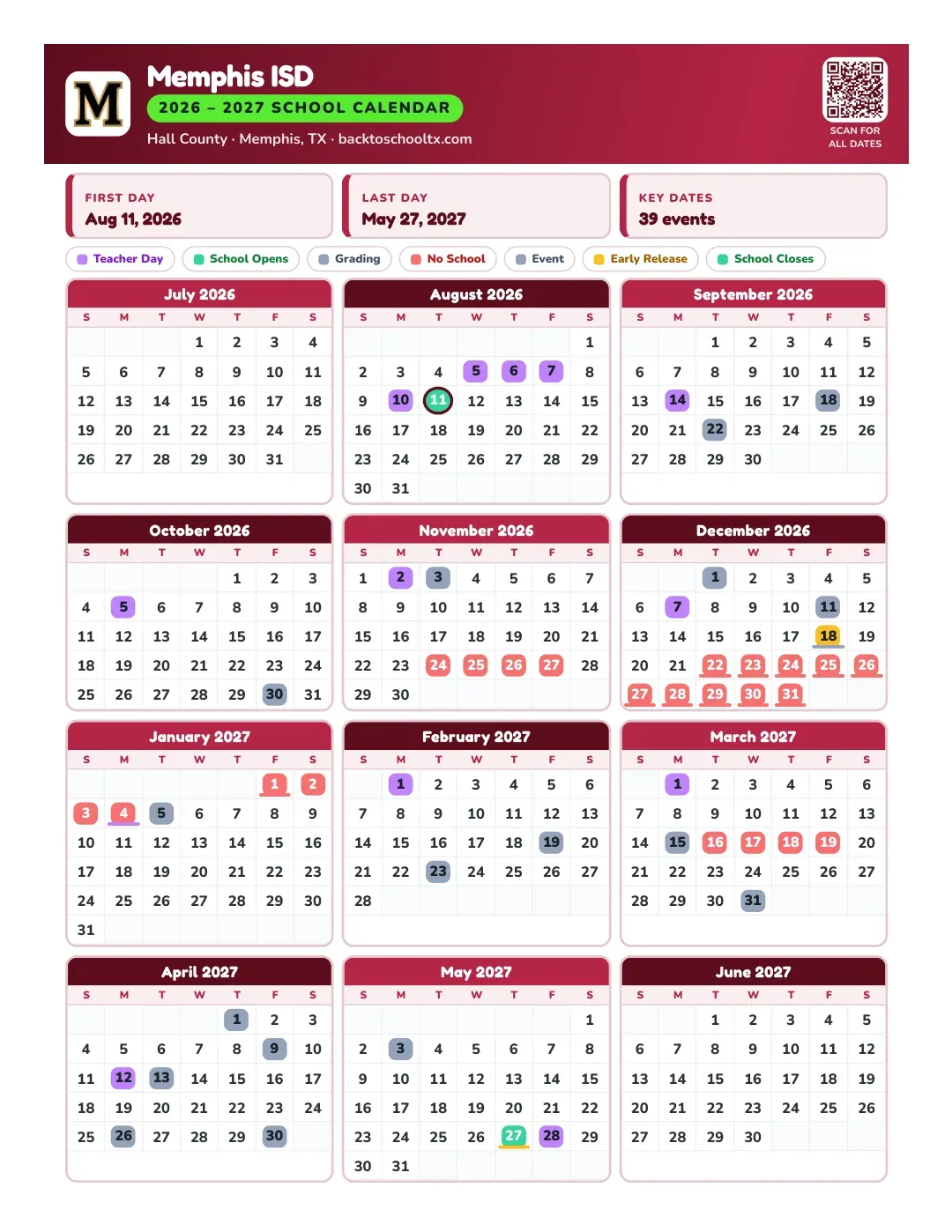 Memphis ISD Calendar for the Year 26-27