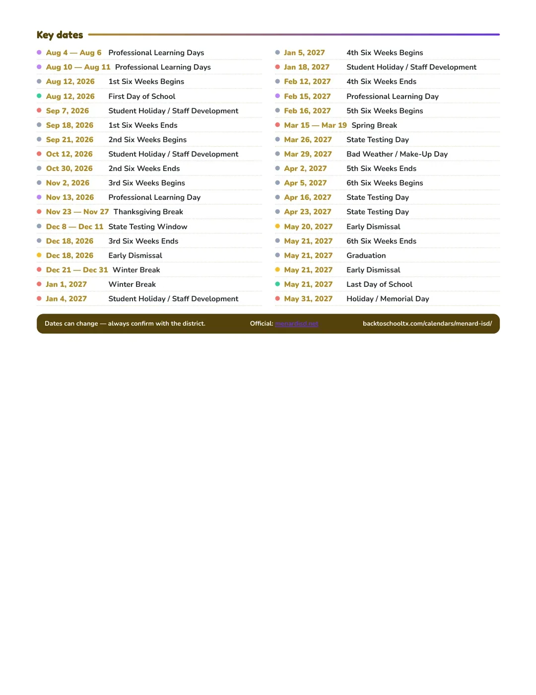 Menard ISD Calendar for the Year 26-27 — key dates