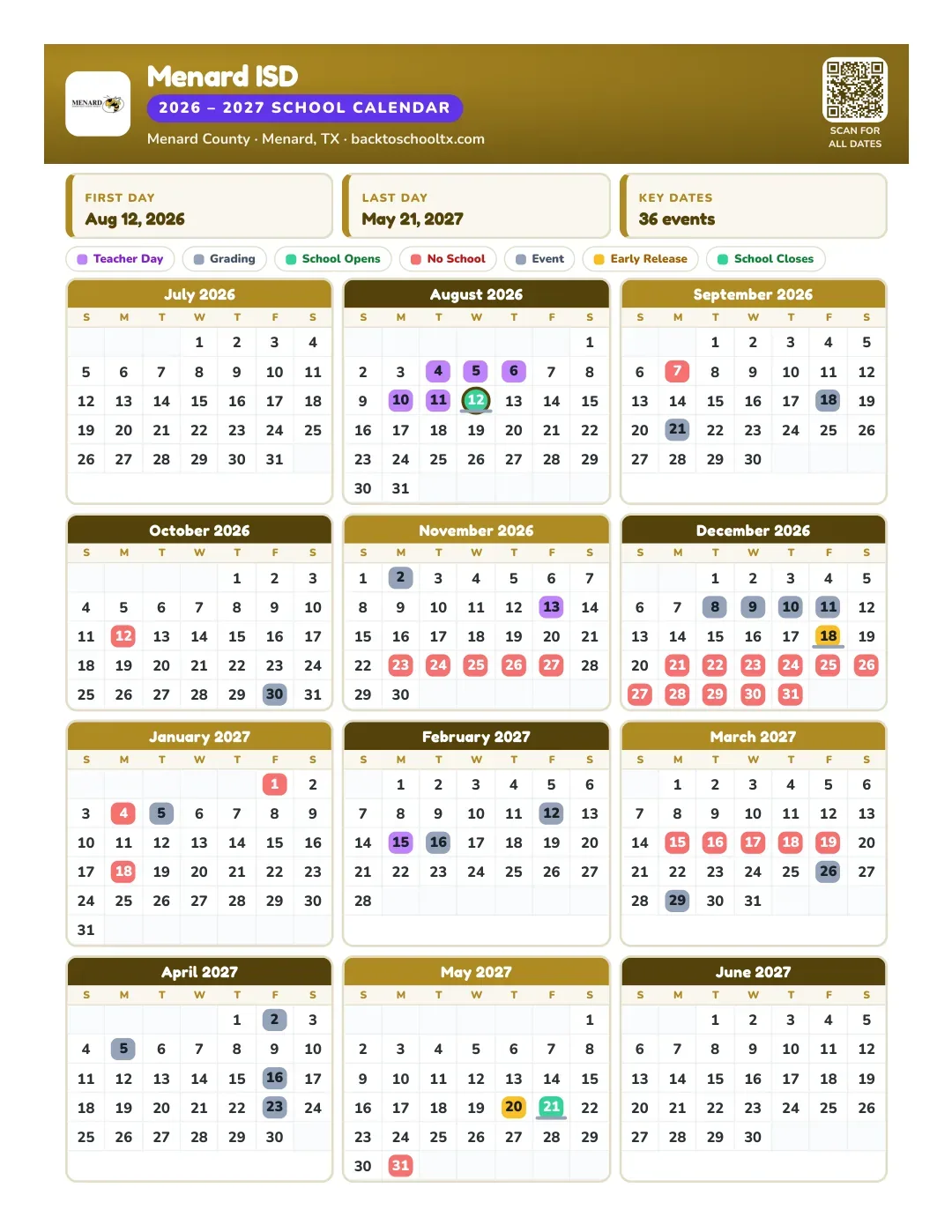 Menard ISD Calendar for the Year 26-27