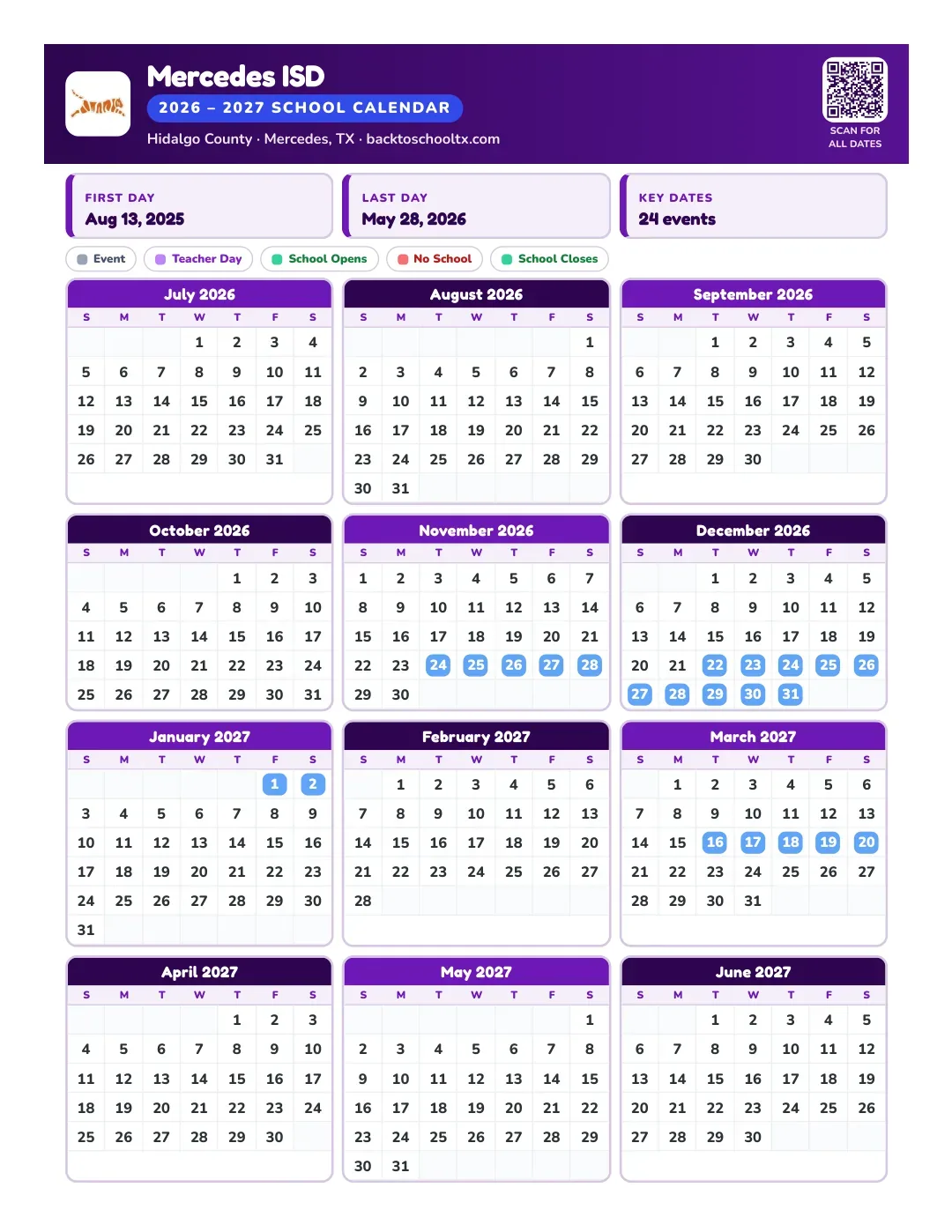 Mercedes ISD Calendar for the Year 26-27