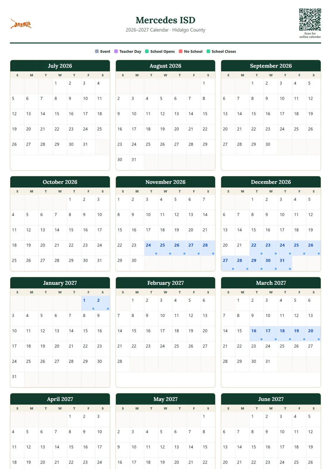 Mercedes ISD printable 2026–2027 calendar