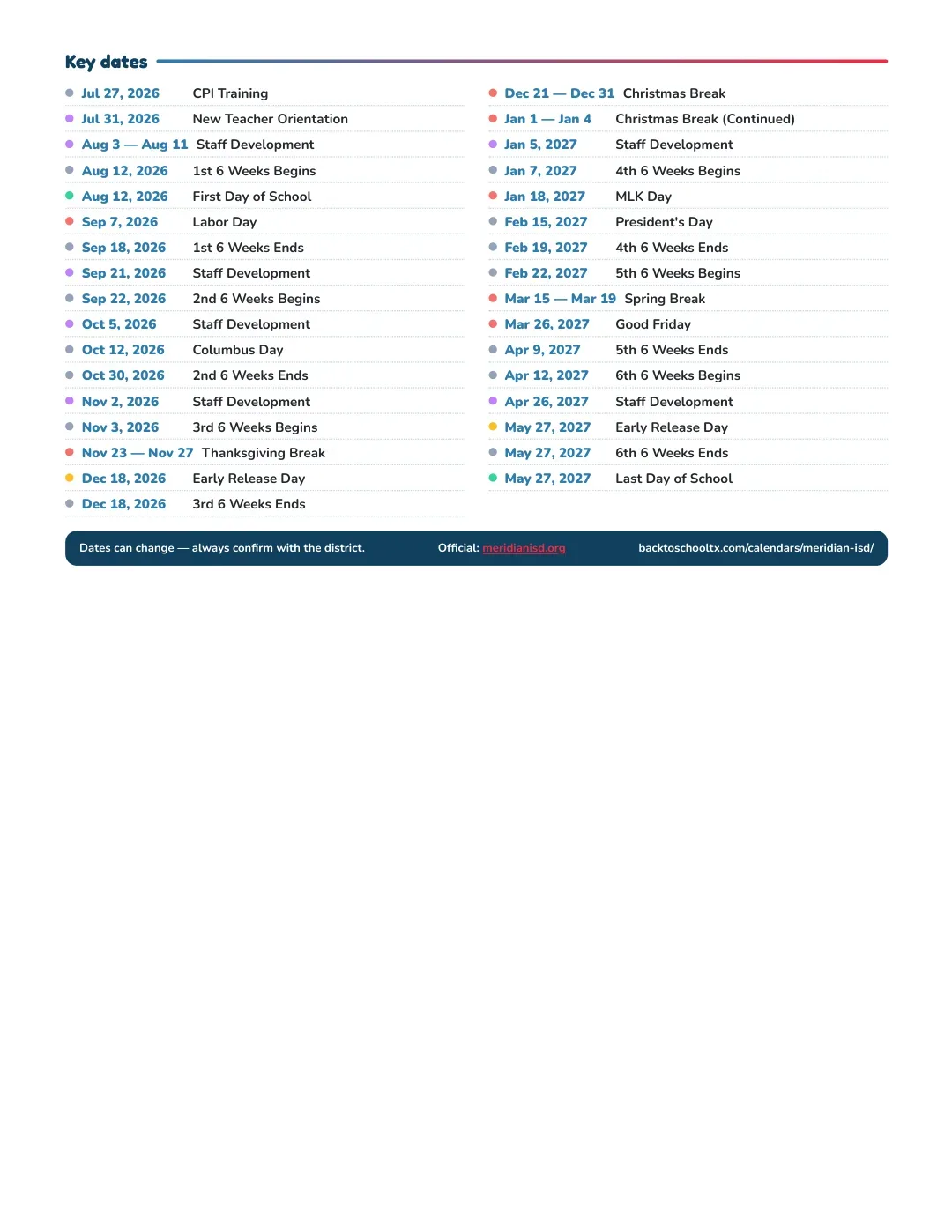 Meridian ISD Calendar for the Year 26-27 — key dates